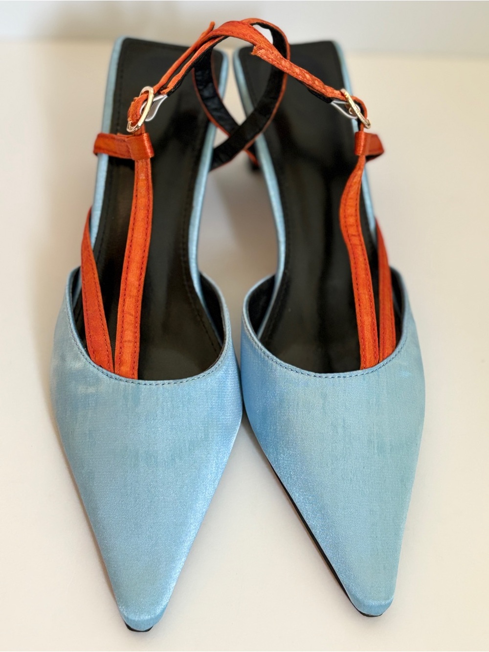 Y2K Light Blue Orange Satin Contrast Pointed Toe Slingback Block Heels Sz 35
